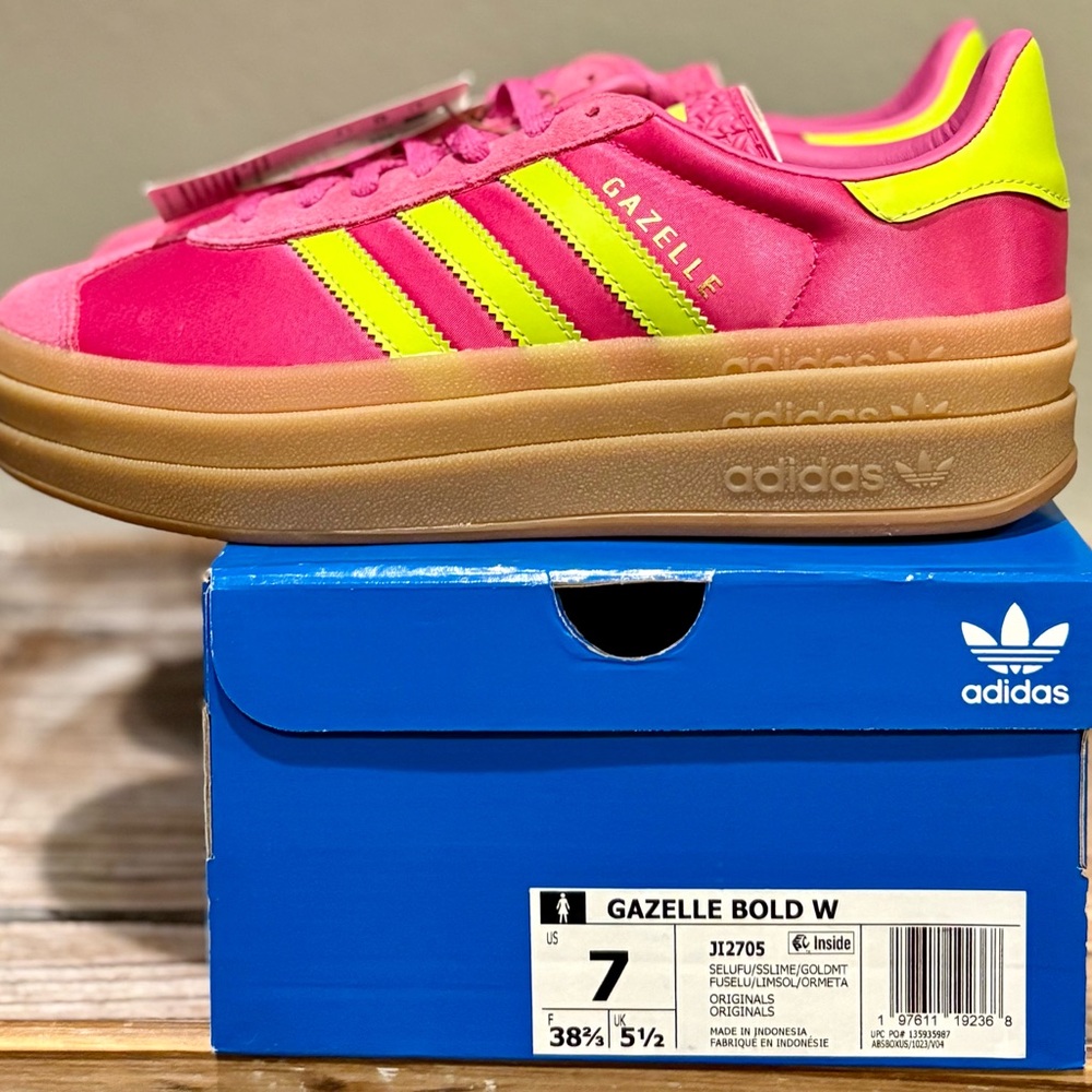 Adidas Gazelle Bold W Sneakers, Women’s Size 7, Pink/Neon Yellow, BNWT in box